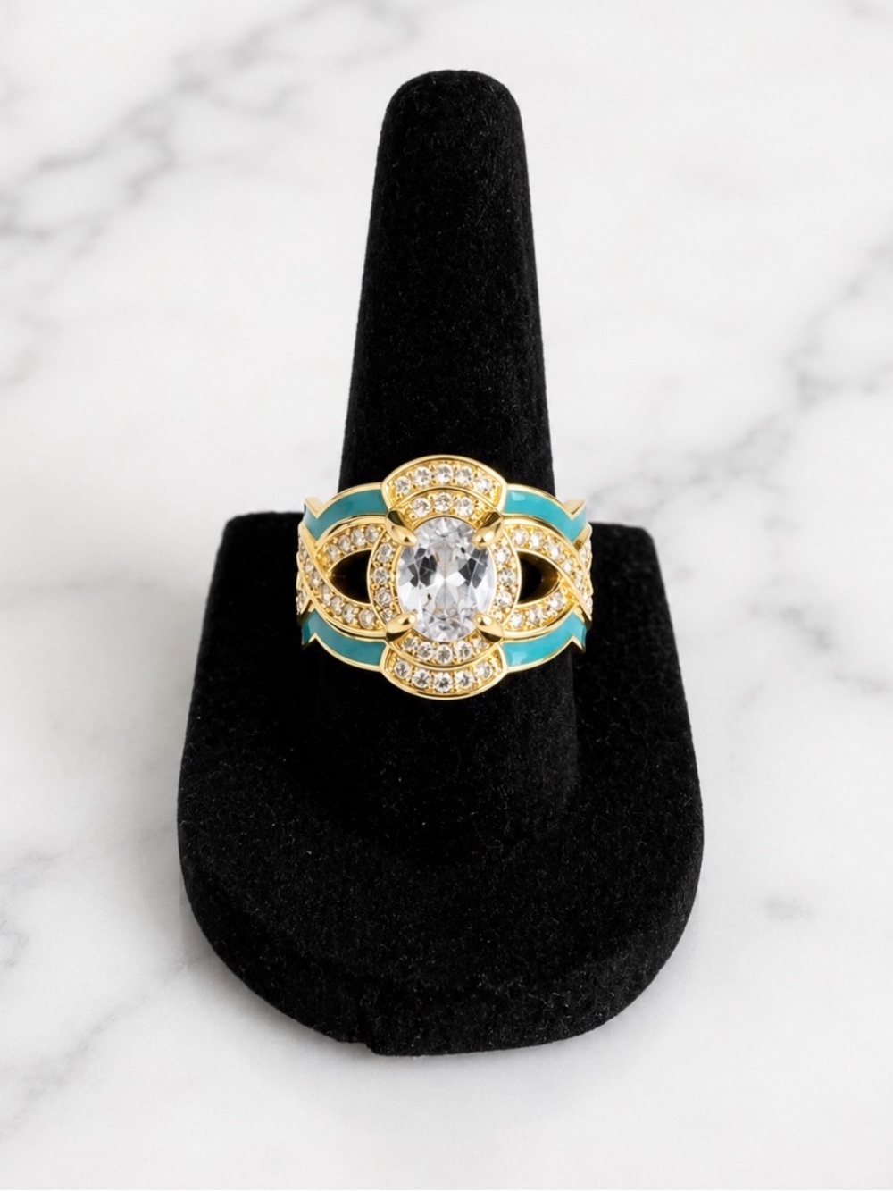 Gold-Tone Clear Oval Stone Center  Turquoise Accents Triple Band Ring Size 7